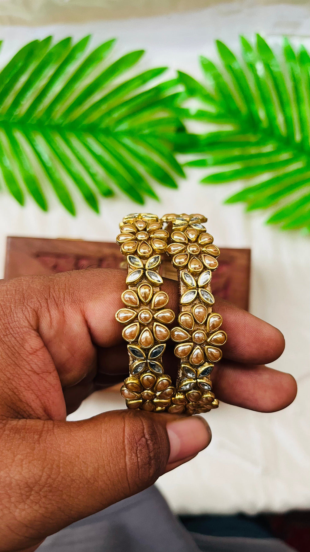 VIHANTH HANDMADE GOLD PEARL AND WHITE KUNDAN BANGLE VH013