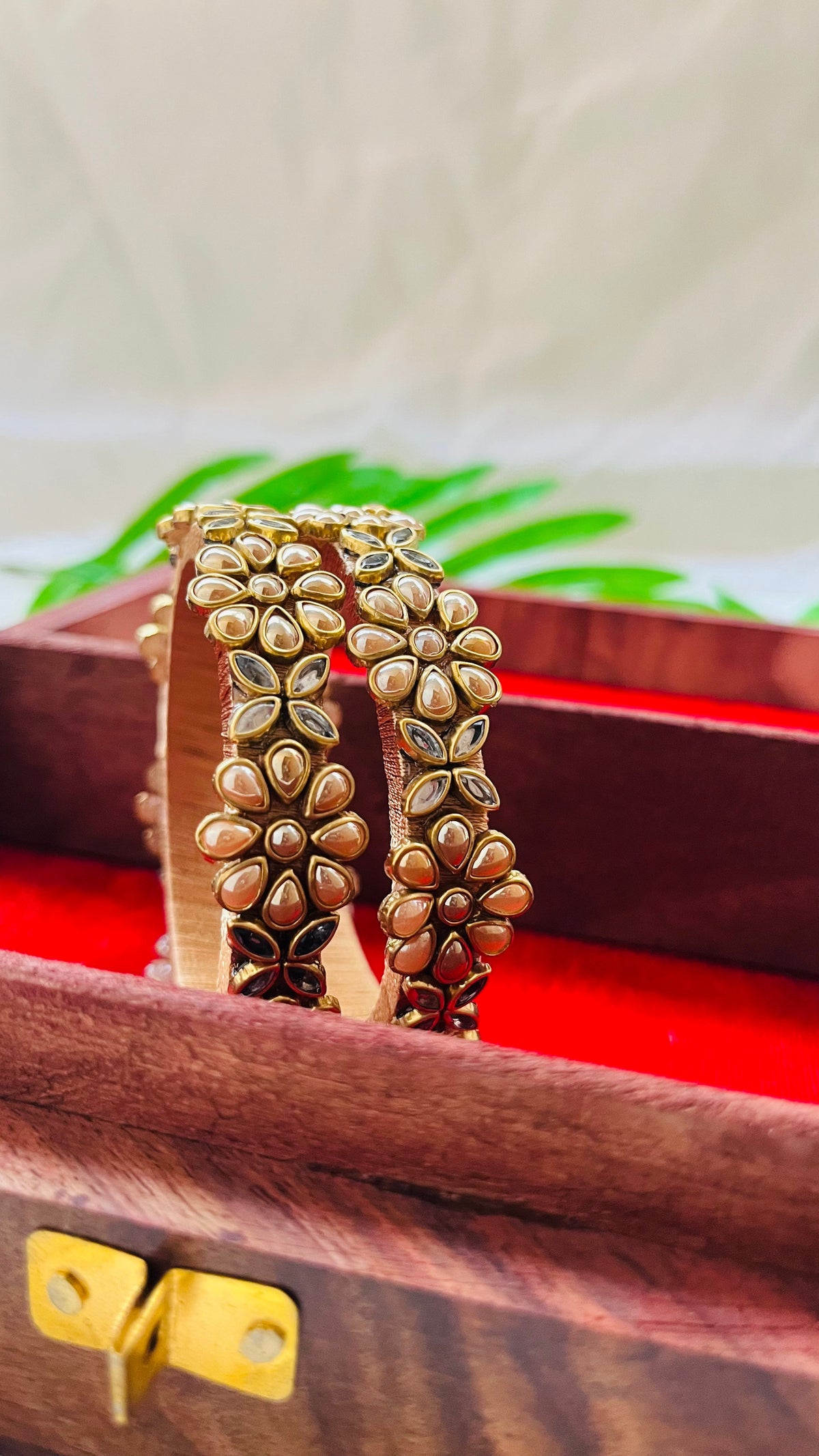 VIHANTH HANDMADE GOLD PEARL AND WHITE KUNDAN BANGLE VH013