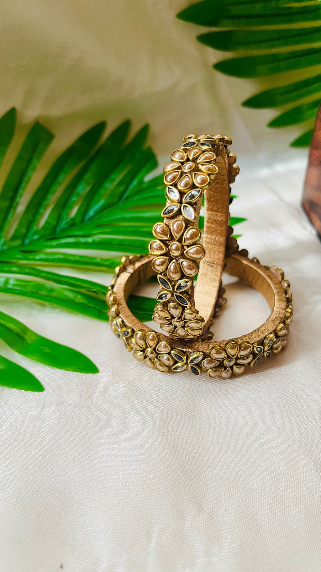 VIHANTH HANDMADE GOLD PEARL AND WHITE KUNDAN BANGLE VH013