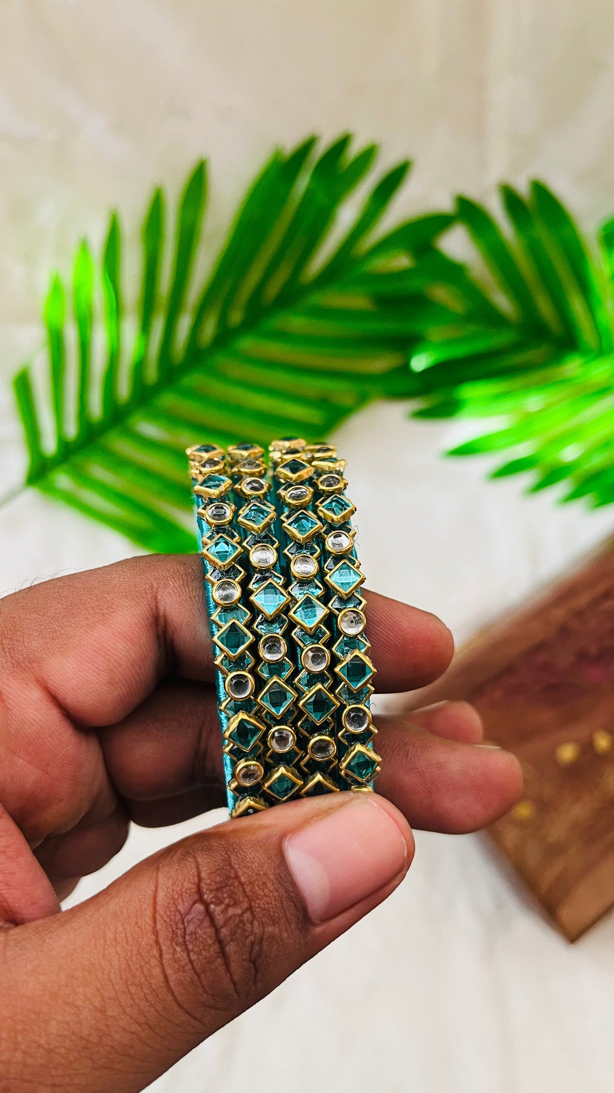VIHANTH HANDMADE CYAN AND WHITE KUNDAN BANGLE VH006