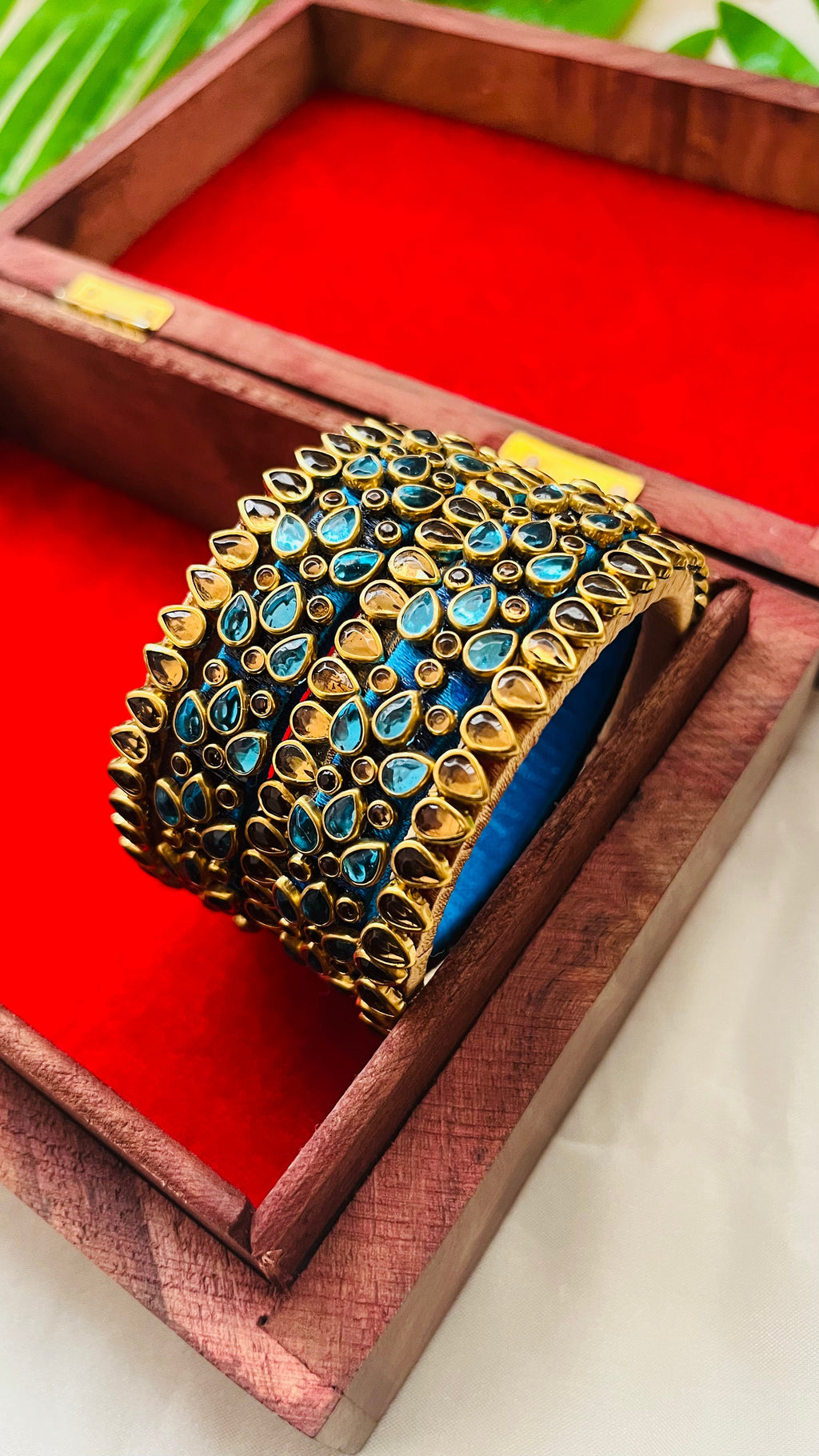 VIHANTH HANDMADE TEAL BLUE AND GOLD KUNDAN BANGLE VH008