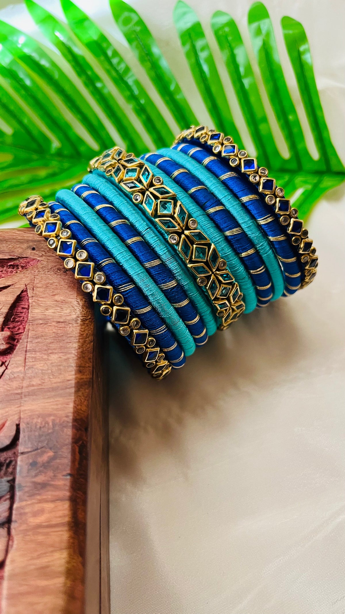VIHANTH HANDMADE CYAN AND BLUE KUNDAN BANGLE VH014