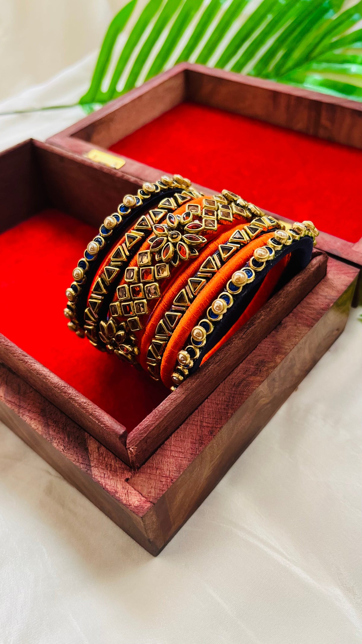 VIHANTH HANDMADE ORANGE AND GOLD KUNDAN BANGLE VH021