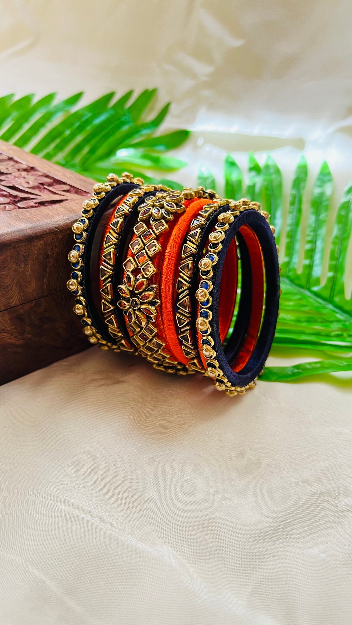 VIHANTH HANDMADE ORANGE AND GOLD KUNDAN BANGLE VH021