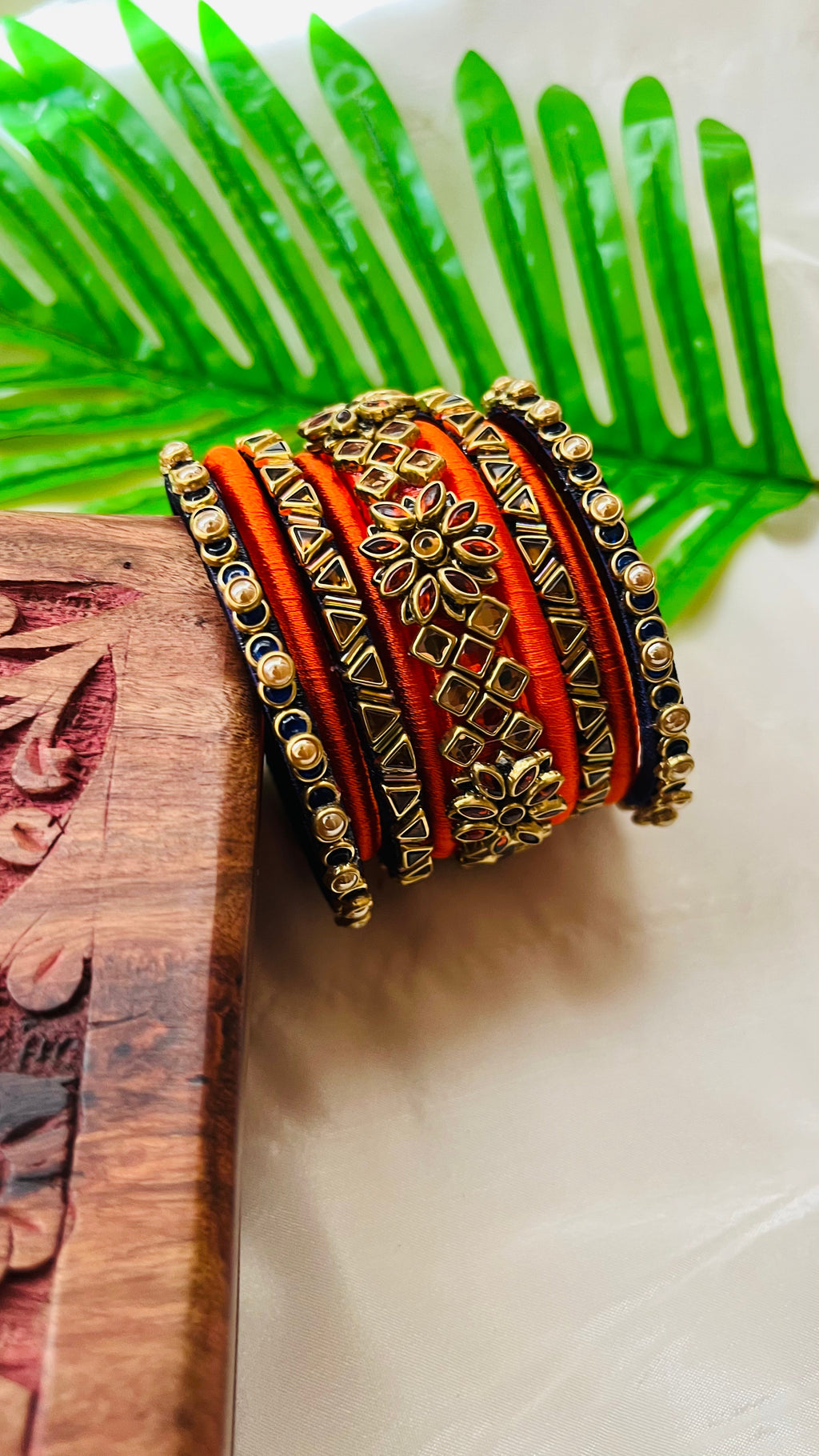 VIHANTH HANDMADE ORANGE AND GOLD KUNDAN BANGLE VH021