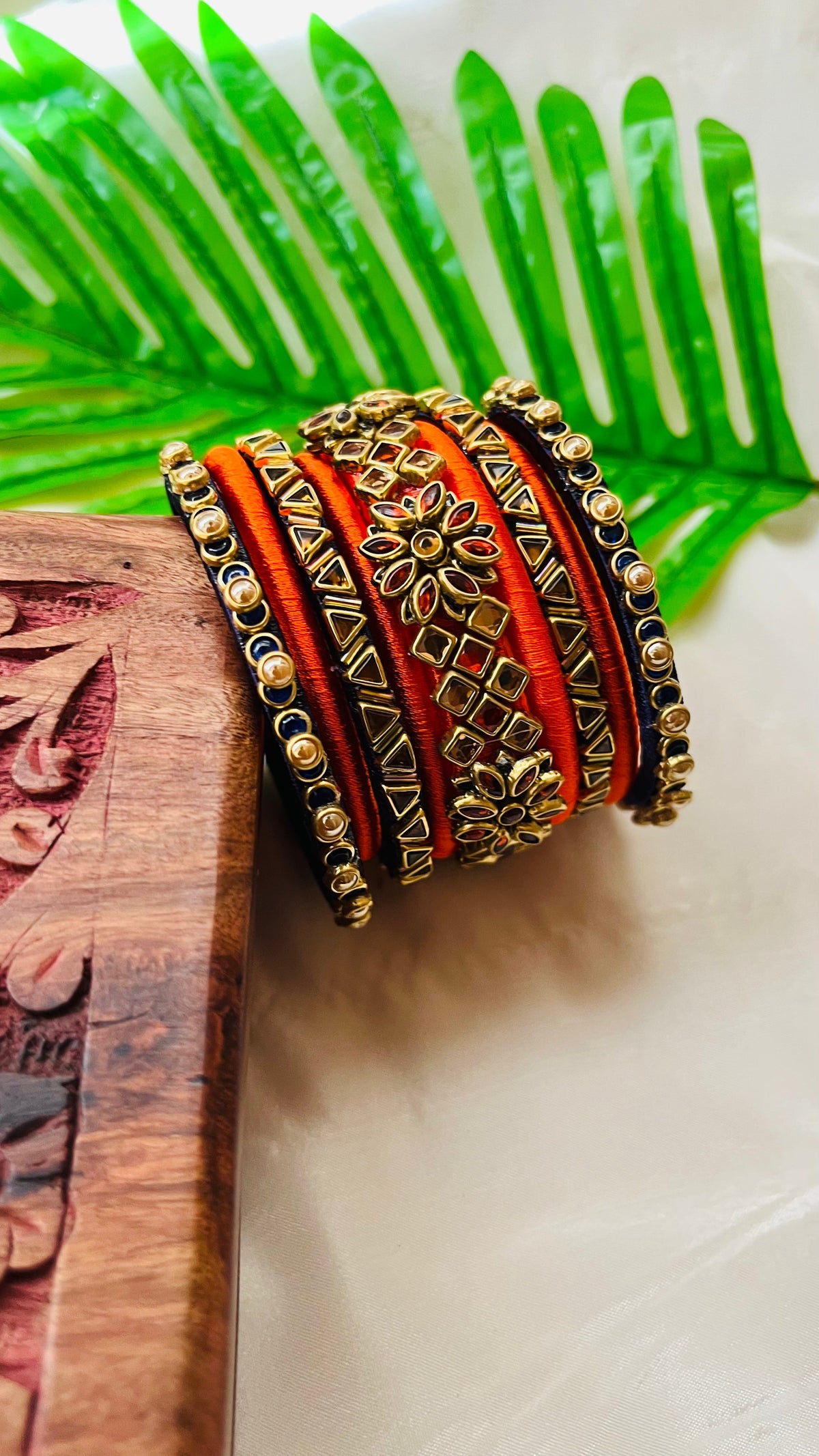 VIHANTH HANDMADE ORANGE AND GOLD KUNDAN BANGLE VH021