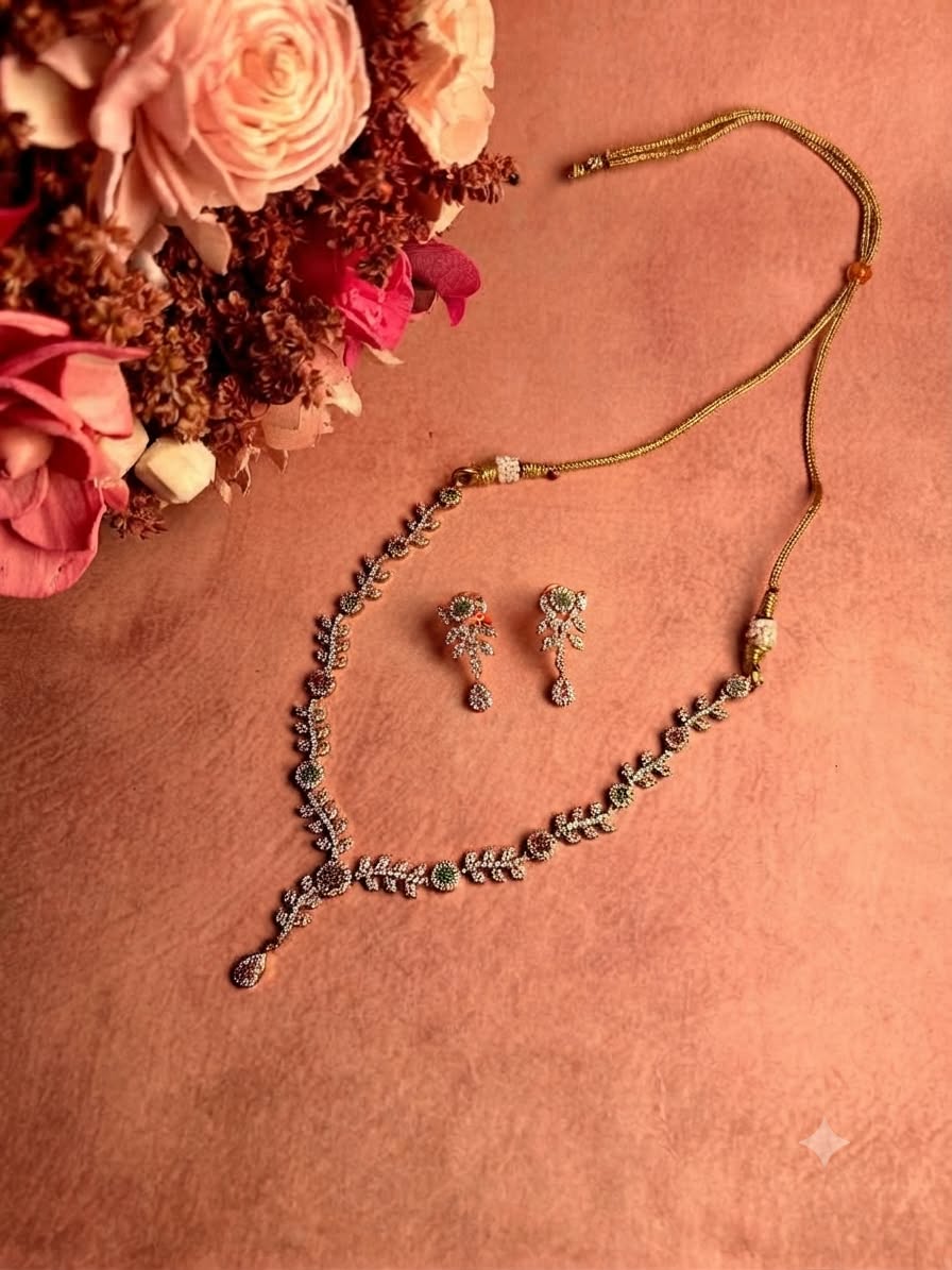 Intricate Zirconia Multi Leaf Necklace Set