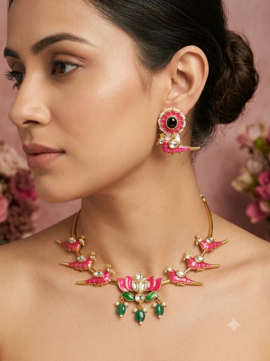 Pink Parrot Motif Gold Toned Hasli Choker set
