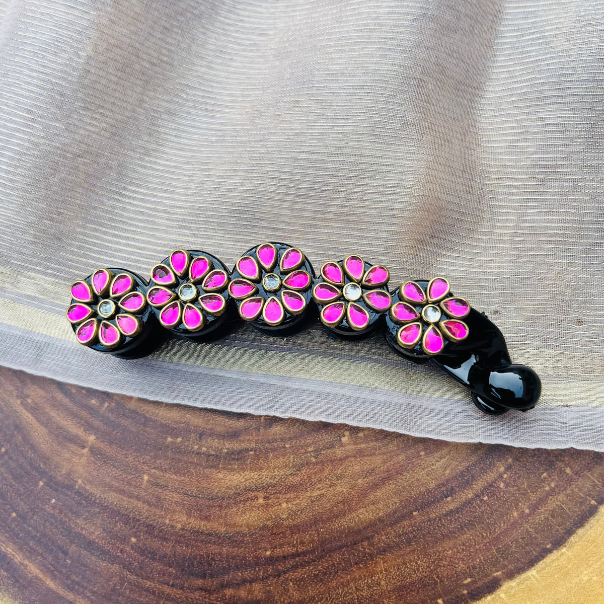 VH Handmade Pink Tear drop kundan Banana clip
