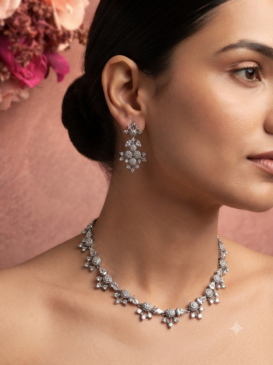 Crystal Bloom AD Silver Toned Necklace Set