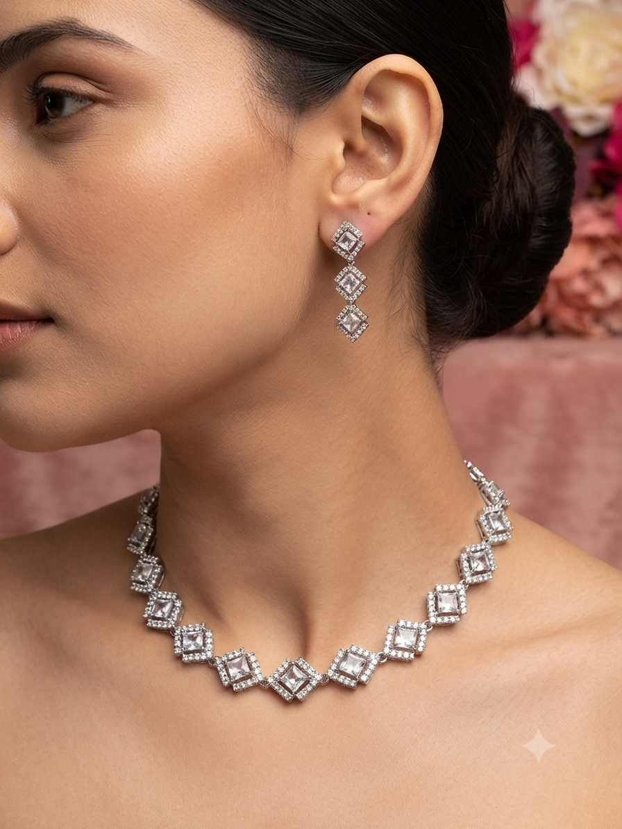 Rhombus Like AD Silver Toned Necklace Set