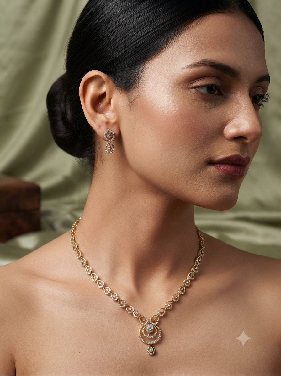 Dewdrop Gold Toned AD Necklace set