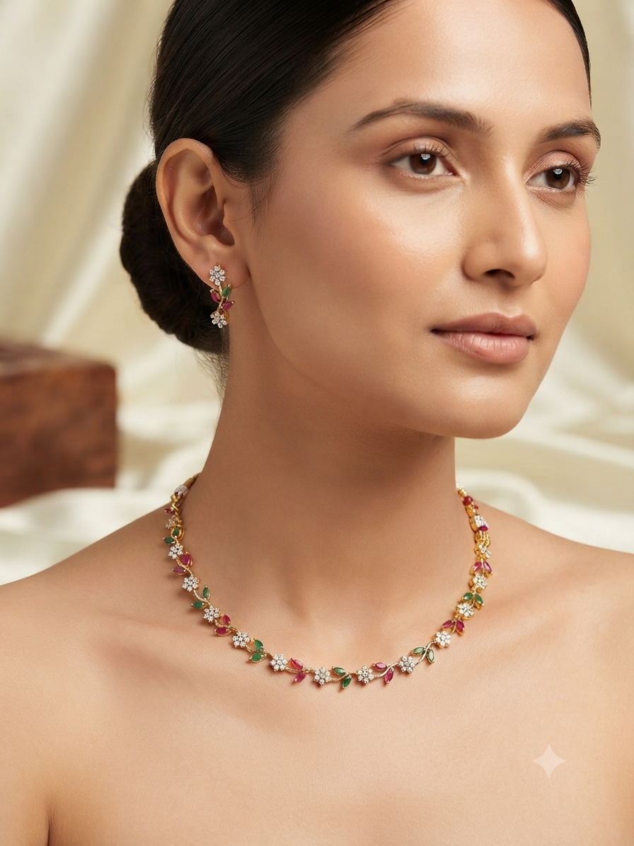 Floral Vine Motif AD Gold Toned Necklace Set