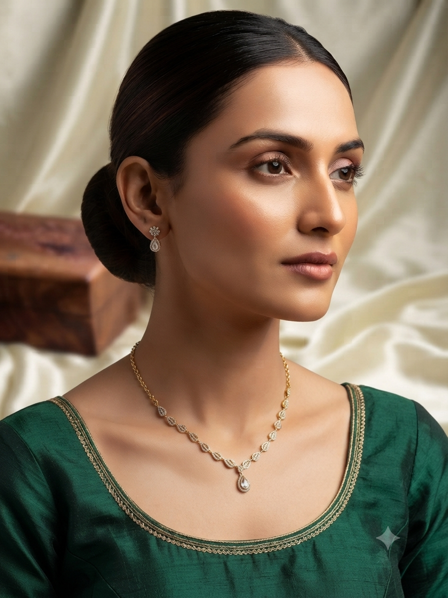 Teardrop Crystal Pendant American Diamond Necklace Set