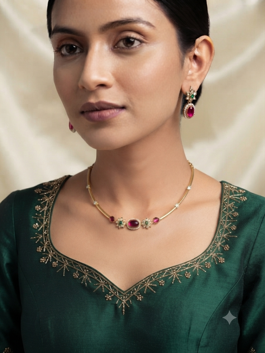 Gold Toned Ruby Hasli Necklace Set