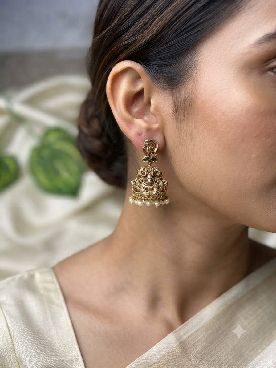 Antique Peacock Stud Temple Jhumka Earring