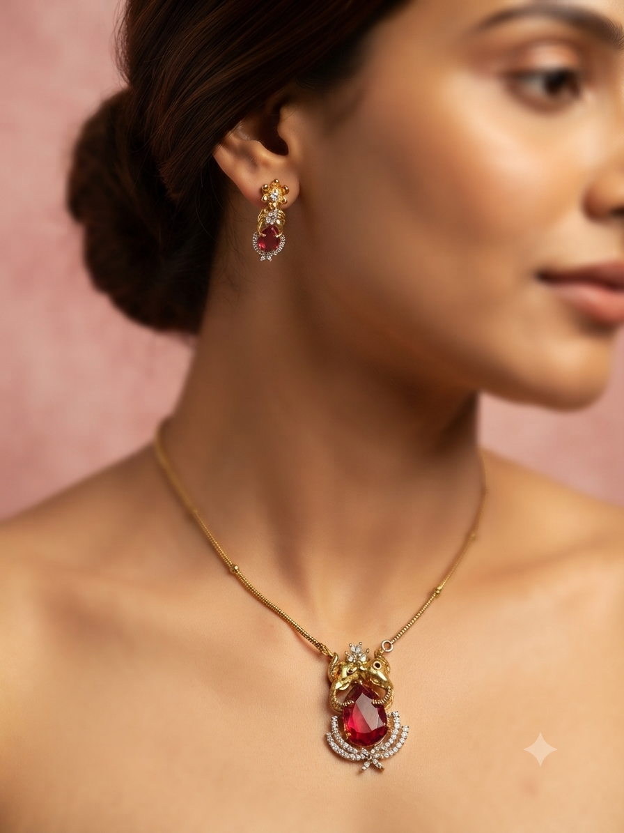 Ruby Stone Elephant Motif Pendant Chain Set