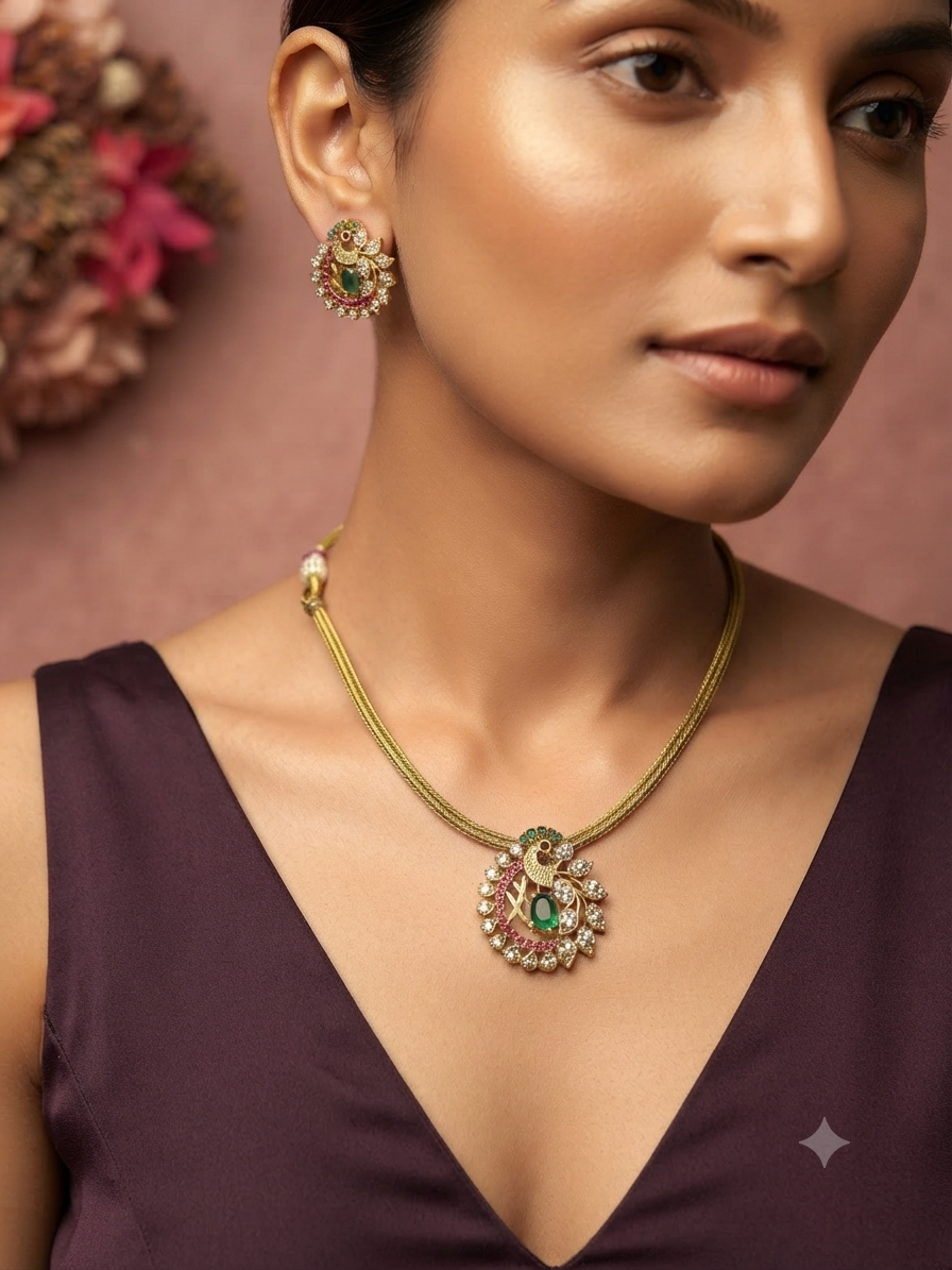Peacock Studded American Diamond Necklace Set