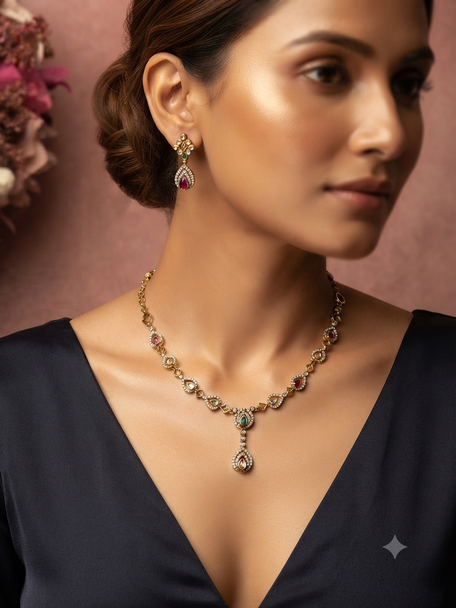 Elegant Tri Colour AD Gold Toned Necklace Set
