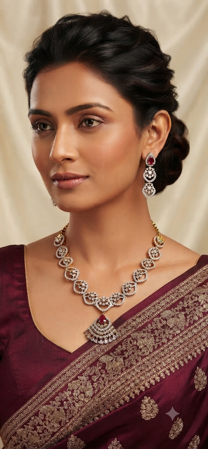 Ruby Pink Drop Stone AD Necklace Set