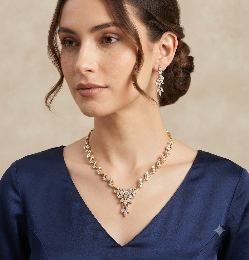 Flower Pendant Gold Toned Necklace Set