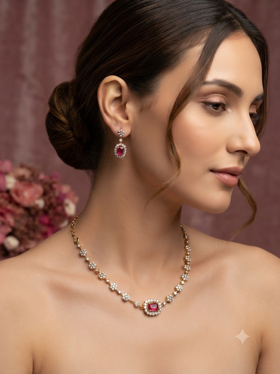 Ruby Stoned American Diamond Necklace Set