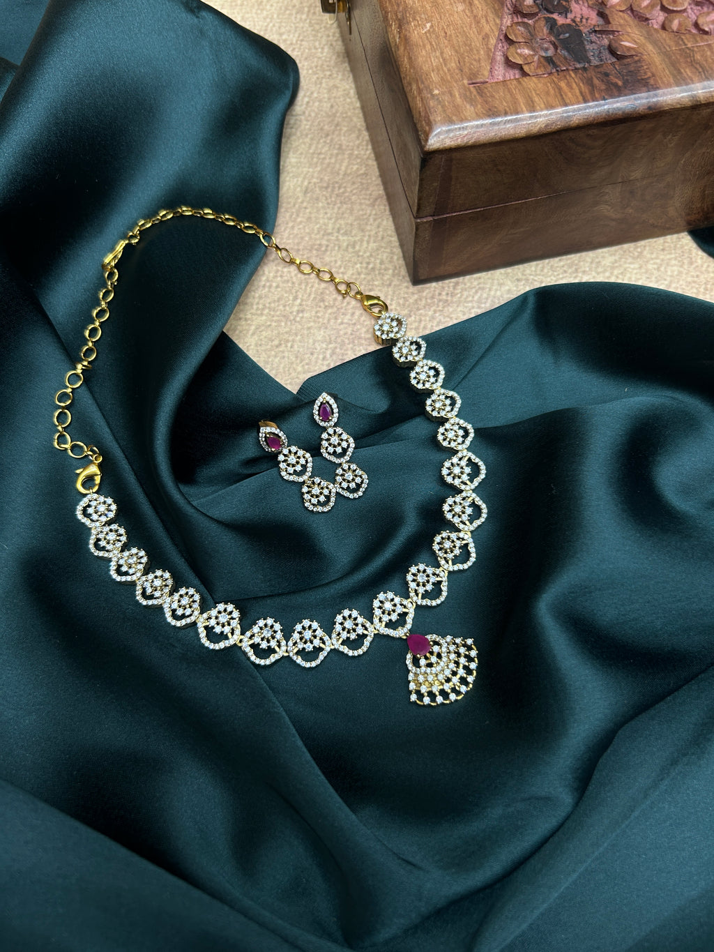 Ruby Pink Drop Stone AD Necklace Set