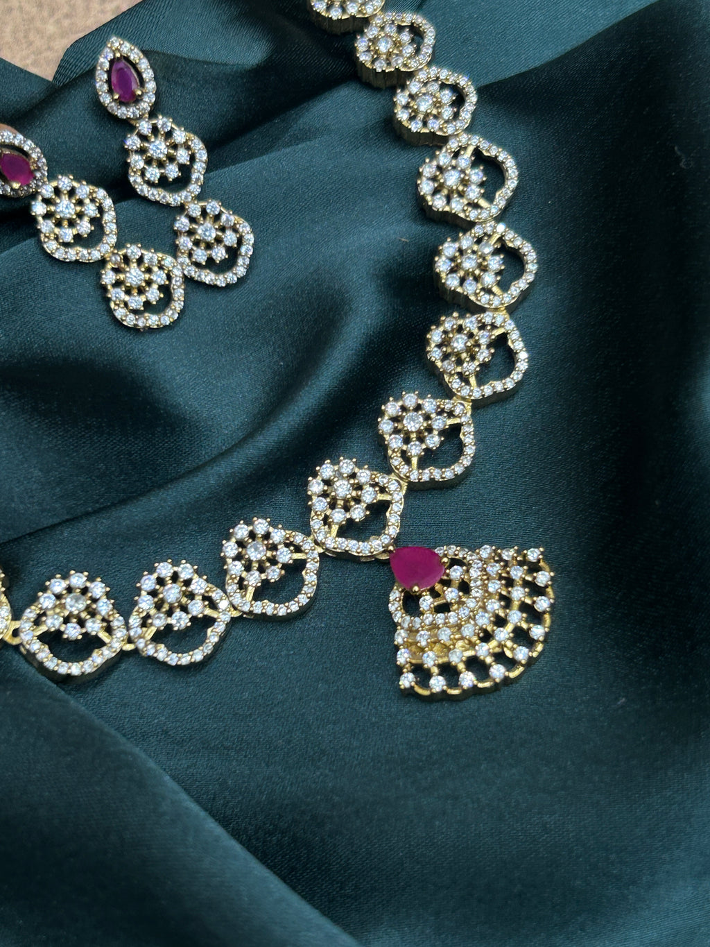 Ruby Pink Drop Stone AD Necklace Set