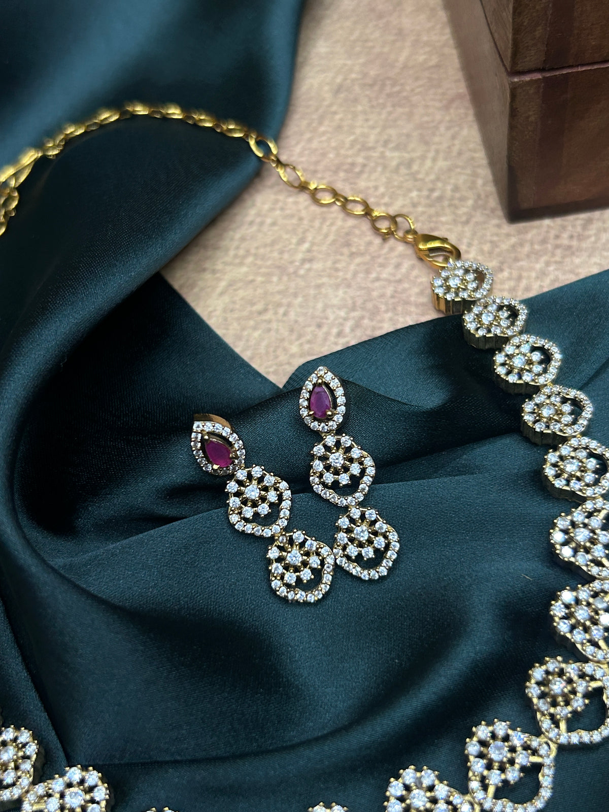 Ruby Pink Drop Stone AD Necklace Set
