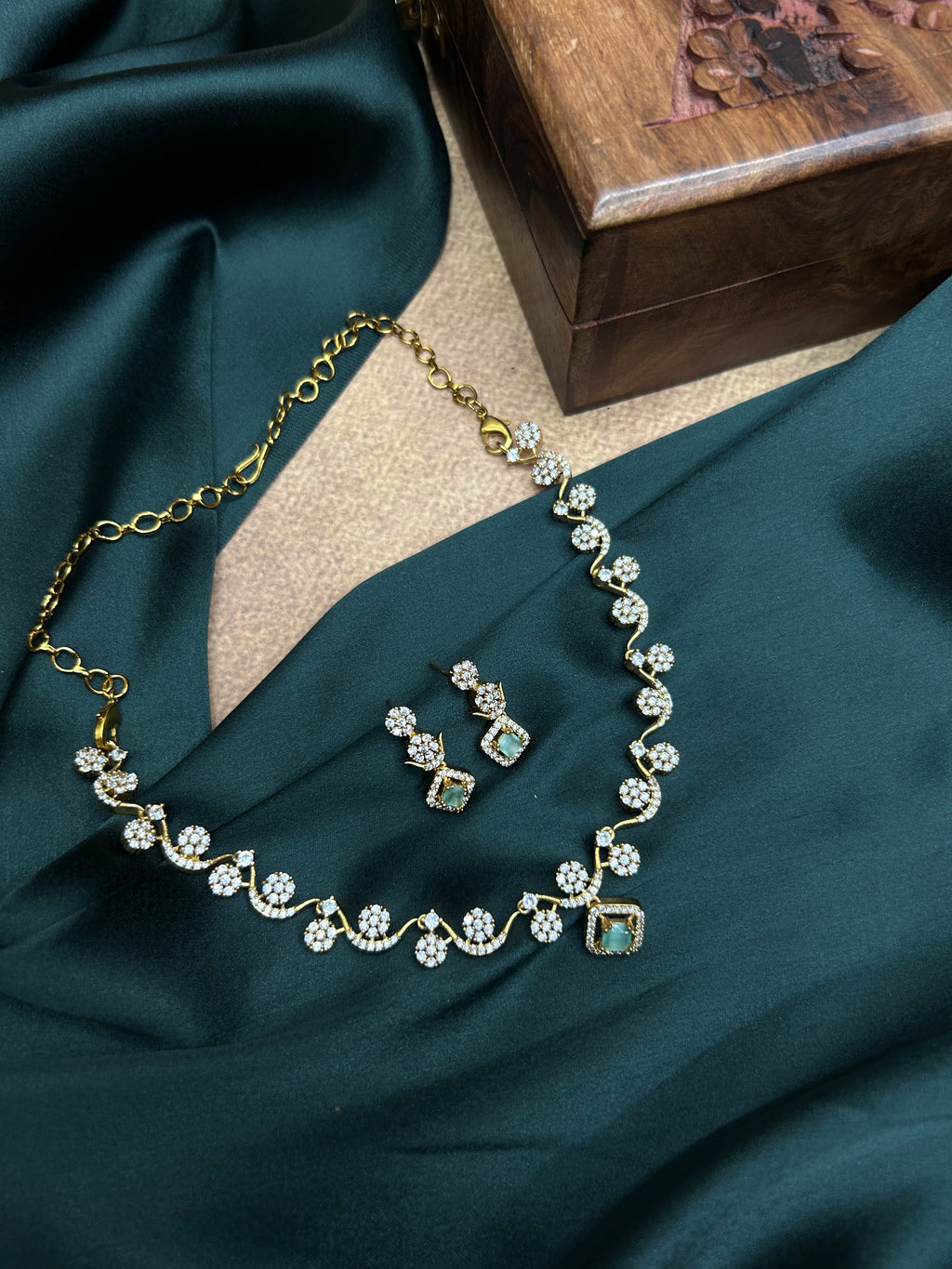 Mint Green Pendant AD Floral Necklace Set