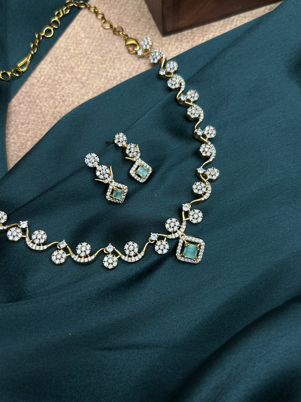 Mint Green Pendant AD Floral Necklace Set