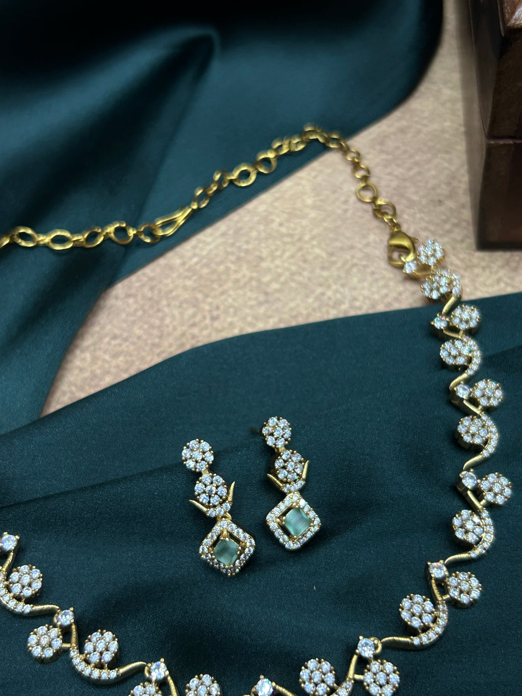 Mint Green Pendant AD Floral Necklace Set