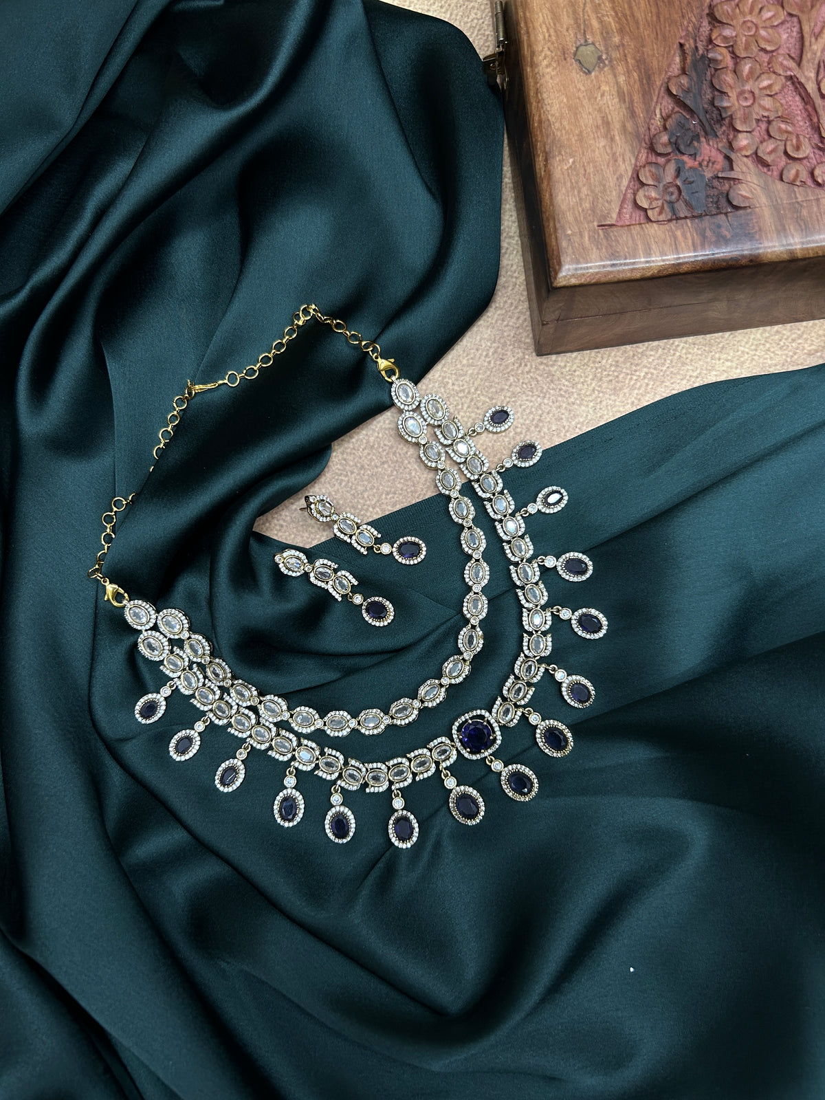 Blue Sapphire Teardrop Double Layer Necklace Set