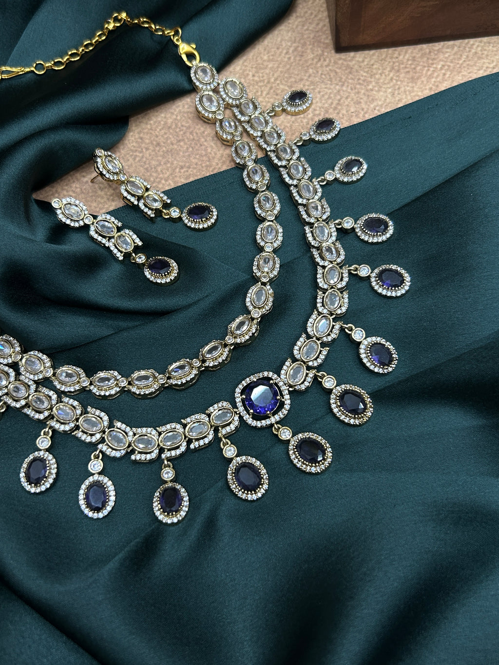 Blue Sapphire Teardrop Double Layer Necklace Set
