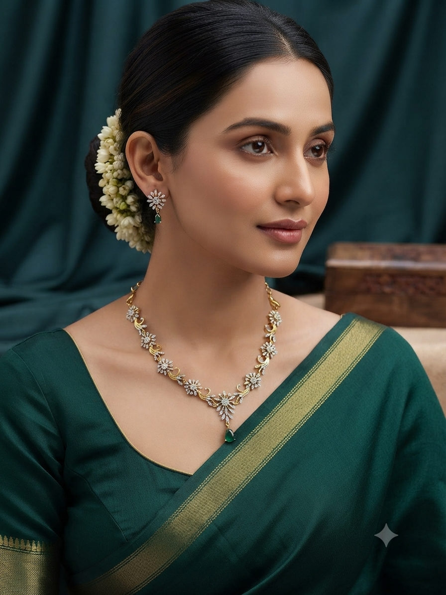 Emerald Accented Gold Toned Necklace Set