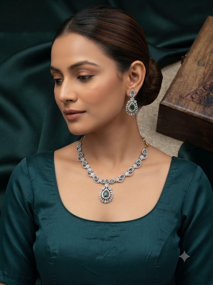 Emerald Teardrop Pendant AD Necklace Set