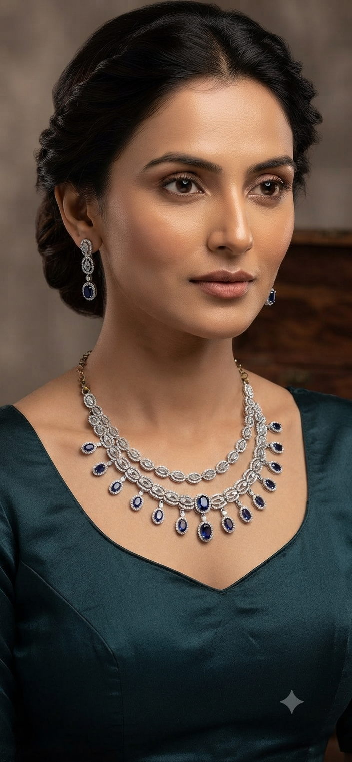 Blue Sapphire Teardrop Double Layer Necklace Set
