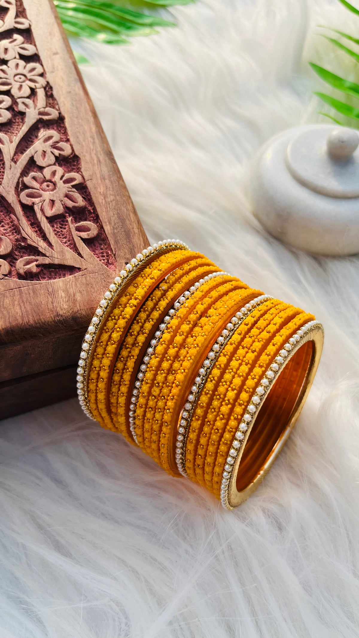 VIHANTH YELLOW GLASS BANGLE AND WHITE PEARL BORDER BANGLE VH034