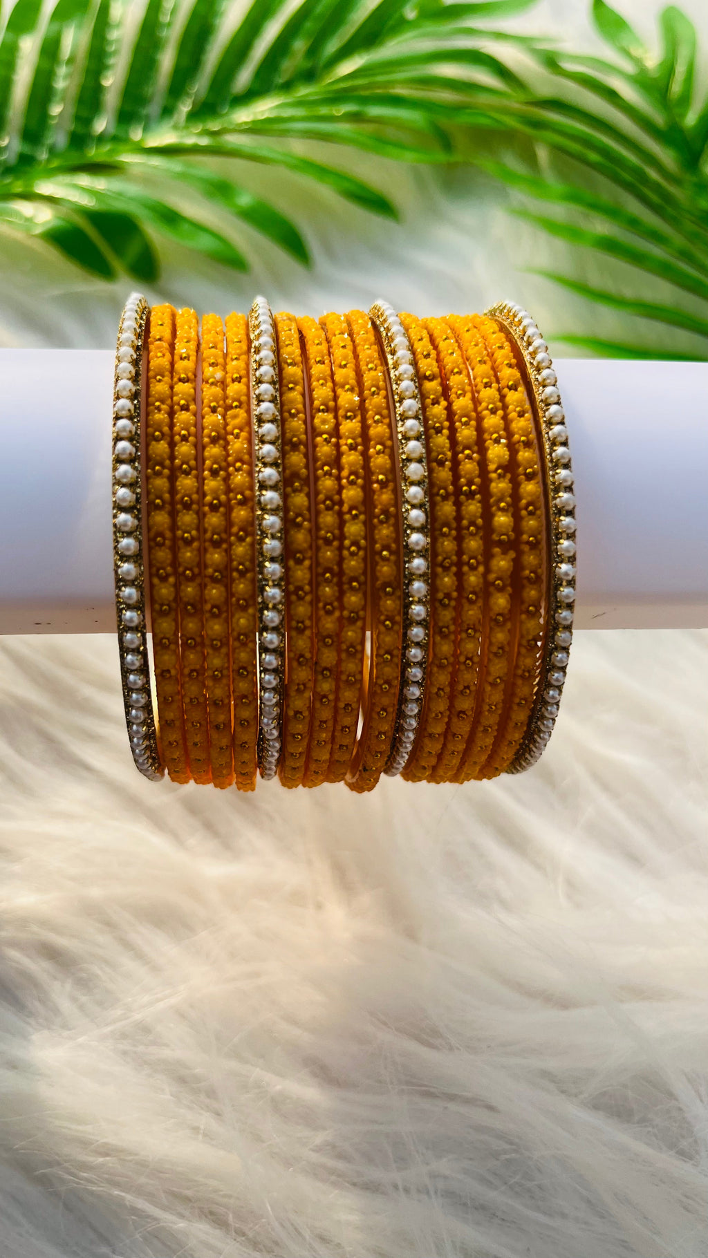 VIHANTH YELLOW GLASS BANGLE AND WHITE PEARL BORDER BANGLE VH034