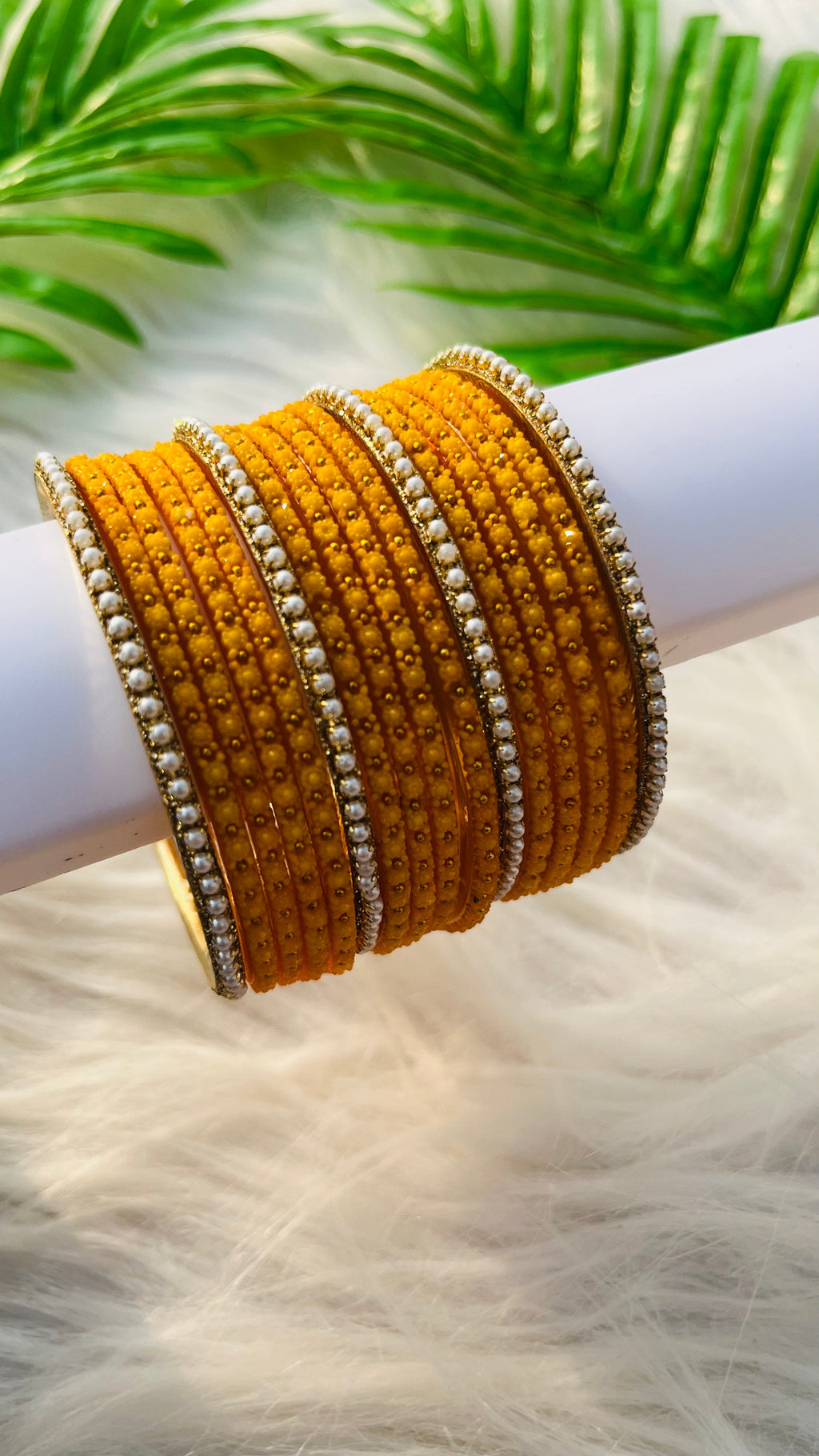 VIHANTH YELLOW GLASS BANGLE AND WHITE PEARL BORDER BANGLE VH034