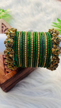 VIHANTH HANDMADE GREEN, GOLD GLASS BANGLE AND GREEN KUNDAN BANGLE VH035