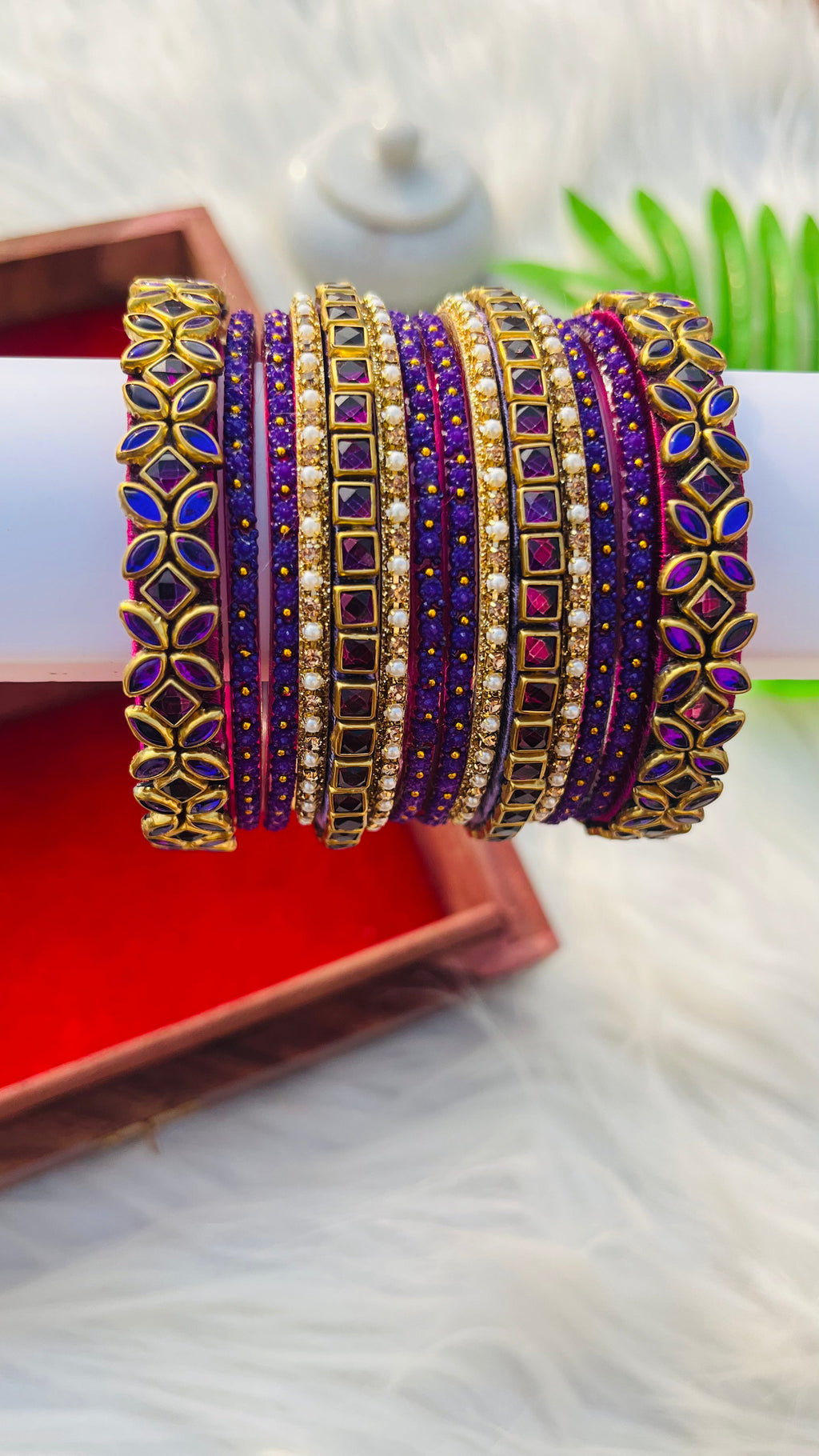 VIHANTH HANDMADE PURPLE KUNDAN AND PURPLE GLASS BANGLE GOLD WHITE PEARL BANGLE VH036