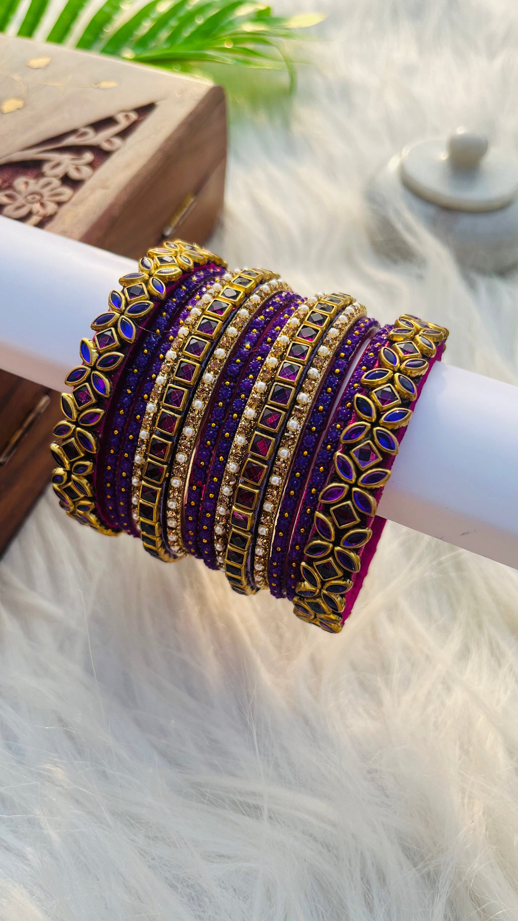 VIHANTH HANDMADE PURPLE KUNDAN AND PURPLE GLASS BANGLE GOLD WHITE PEARL BANGLE VH036
