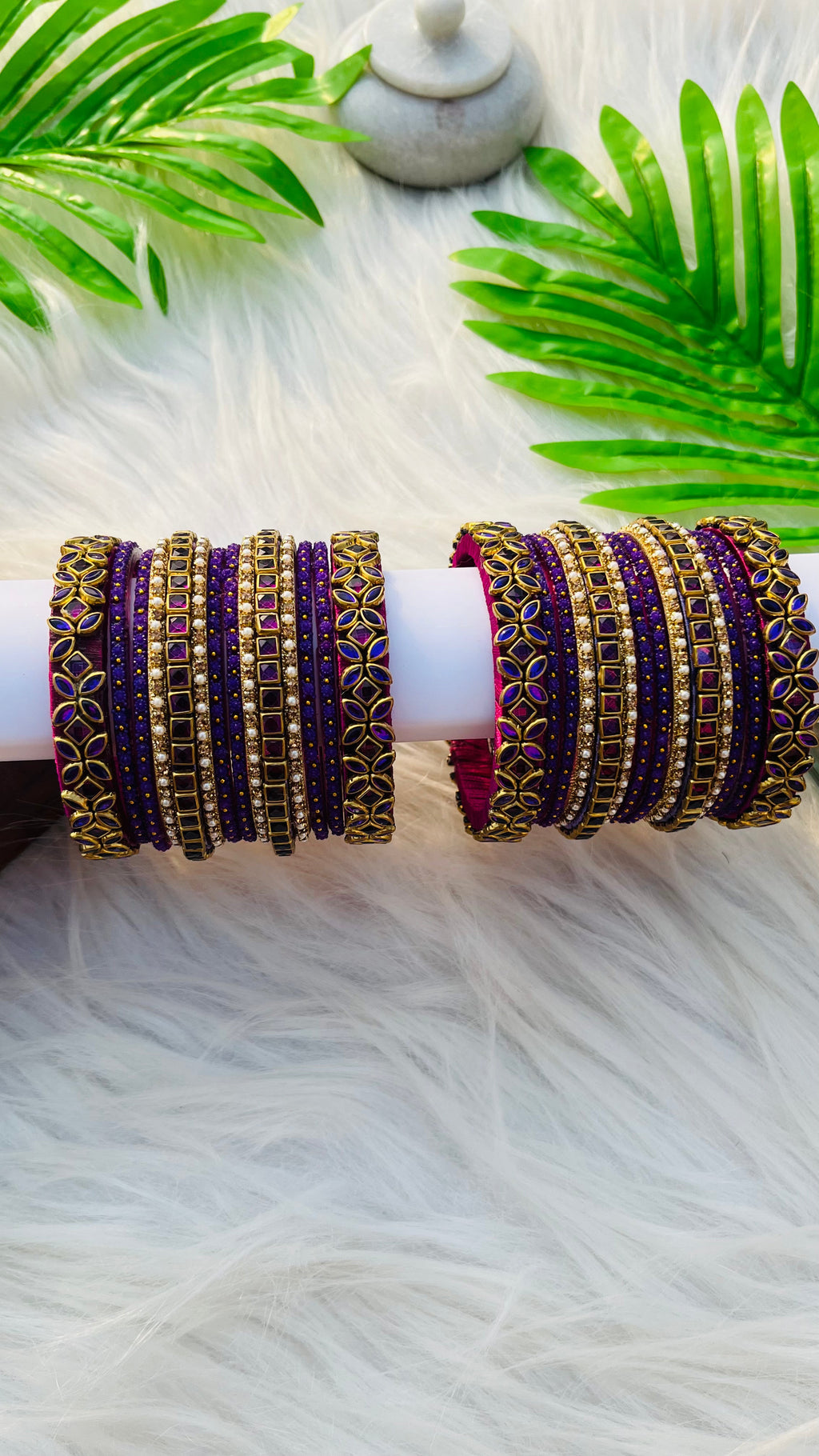 VIHANTH HANDMADE PURPLE KUNDAN AND PURPLE GLASS BANGLE GOLD WHITE PEARL BANGLE VH036