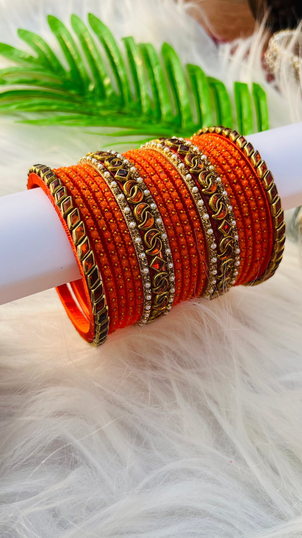 VIHANTH HANDMADE ORANGE KUNDAN AND ORANGE GLASS BANGLE GOLD WHITE PEARL BANGLE VH037