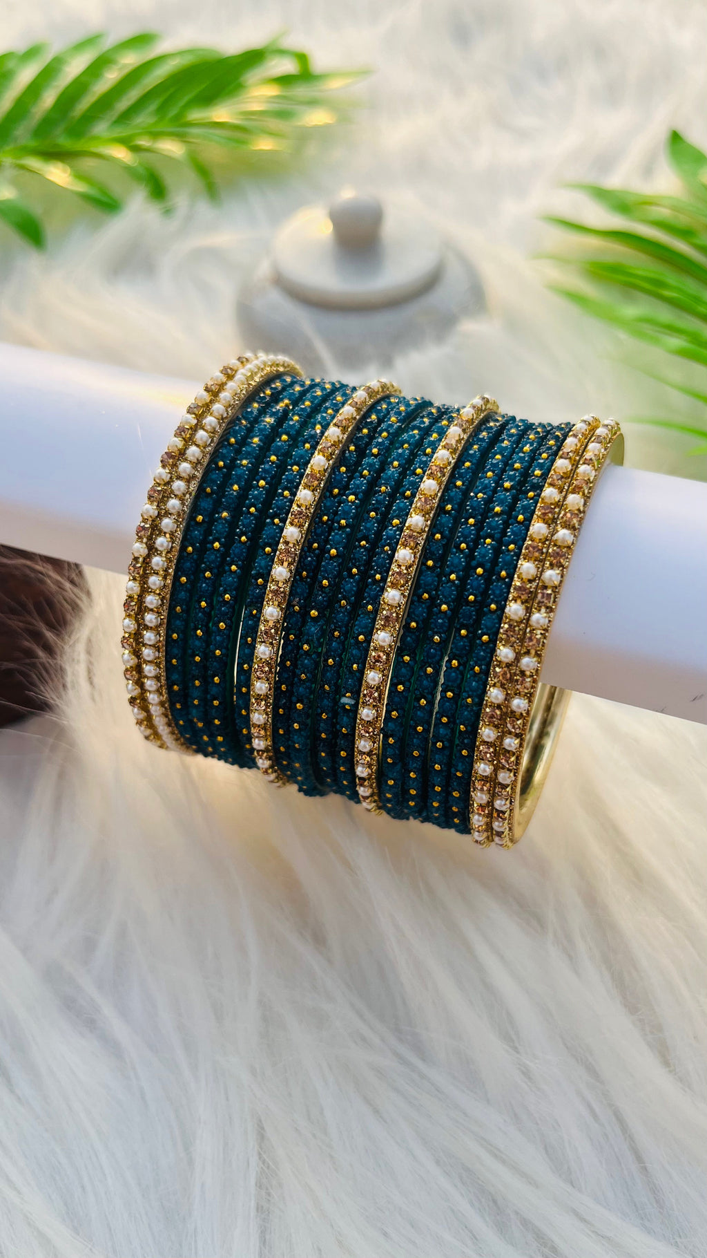 VIHANTH PEACOCK GLASS BANGLE AND GOLD WHITE PEARL METAL BANGLE VH038
