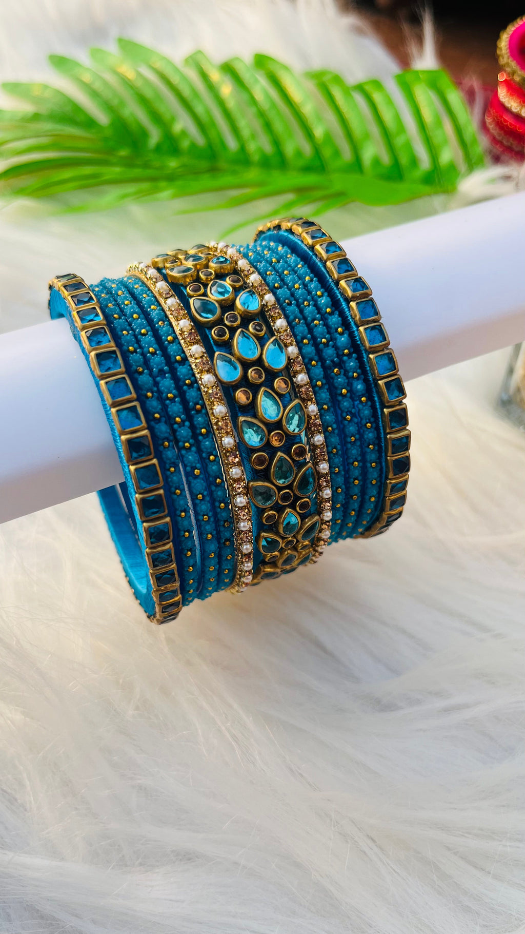 VIHANTH HANDMADE PEACOCK BLUE GLASS BANGLE AND PEACOCK BLUE GOLD KUNDAN BANGLE VH033