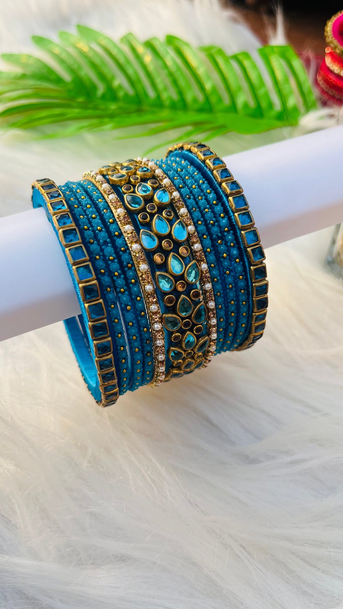 VIHANTH HANDMADE PEACOCK BLUE GLASS BANGLE AND PEACOCK BLUE GOLD KUNDAN BANGLE VH033