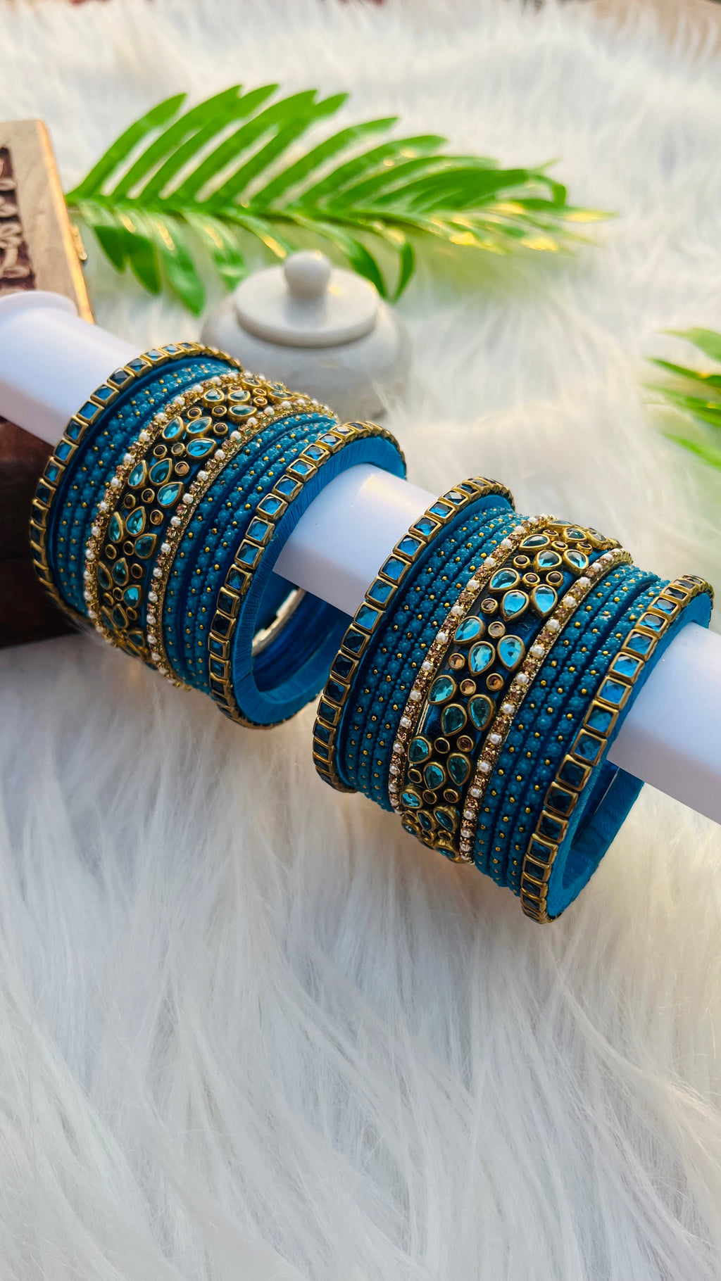 VIHANTH HANDMADE PEACOCK BLUE GLASS BANGLE AND PEACOCK BLUE GOLD KUNDAN BANGLE VH033