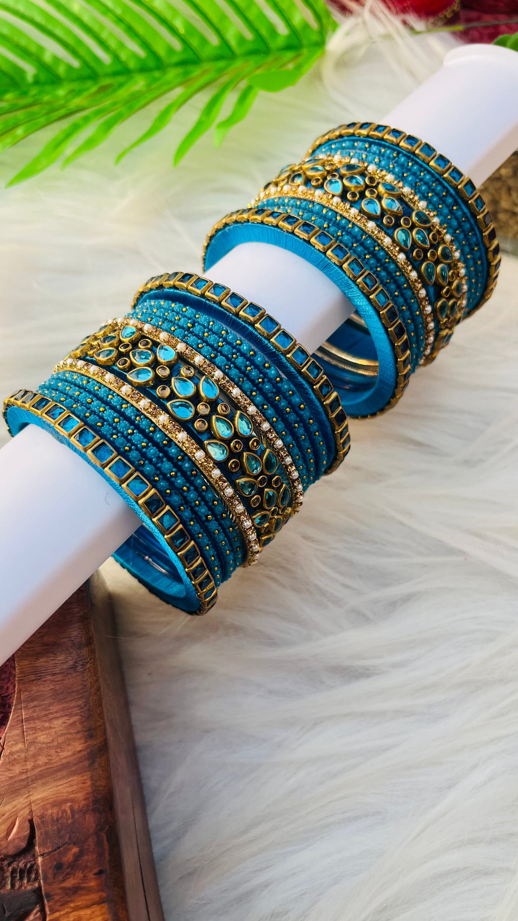 VIHANTH HANDMADE PEACOCK BLUE GLASS BANGLE AND PEACOCK BLUE GOLD KUNDAN BANGLE VH033